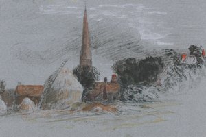 Landschaftsstudie - ein Heuhaufen in der Nähe einer Kirche